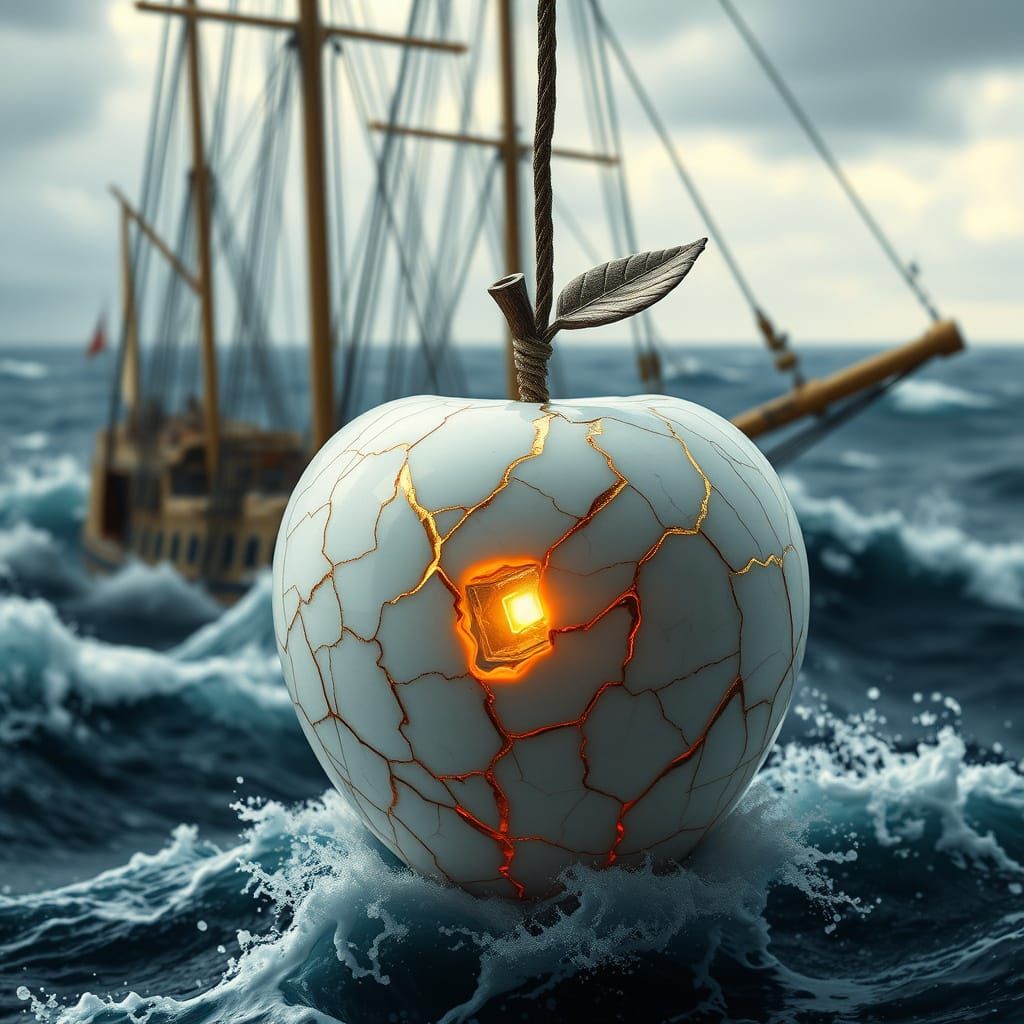 Golden Kintsugi Apple Amidst Turbulent Waves and Majestic Sa...