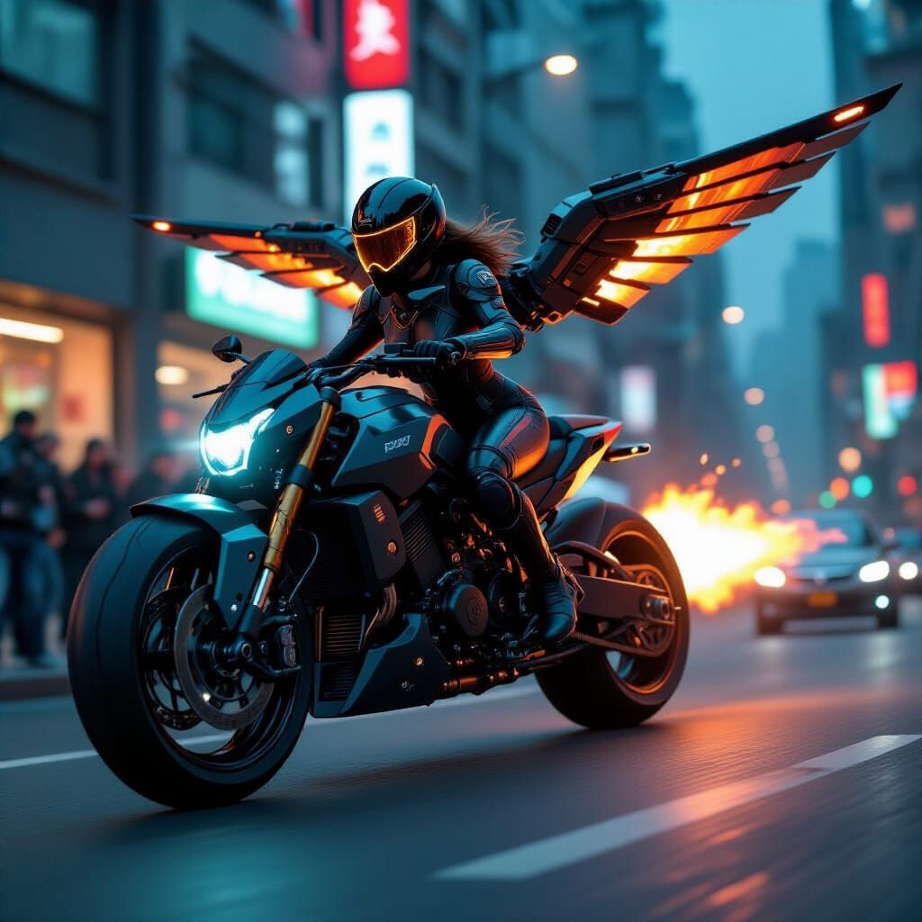 Cyberpunk Warrior on Flying Motorcycle in Night City
