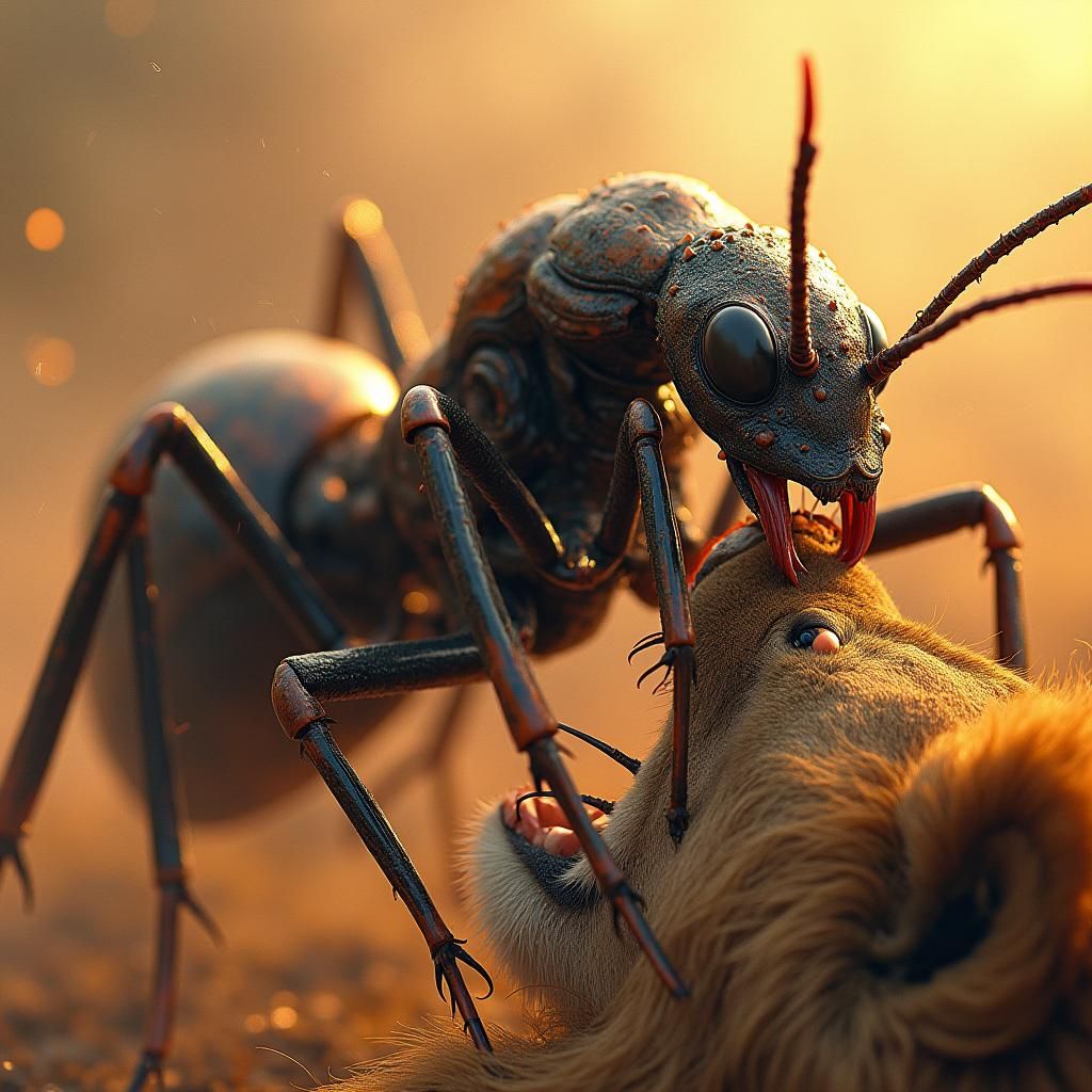 Giant Metallic Ant Biting Lion in Hyperrealistic Style