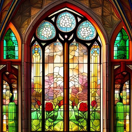 Victorian Stained Glass Rose Garden Window