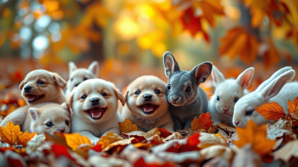 Cute Animals Play in Vibrant Autumn Leaves