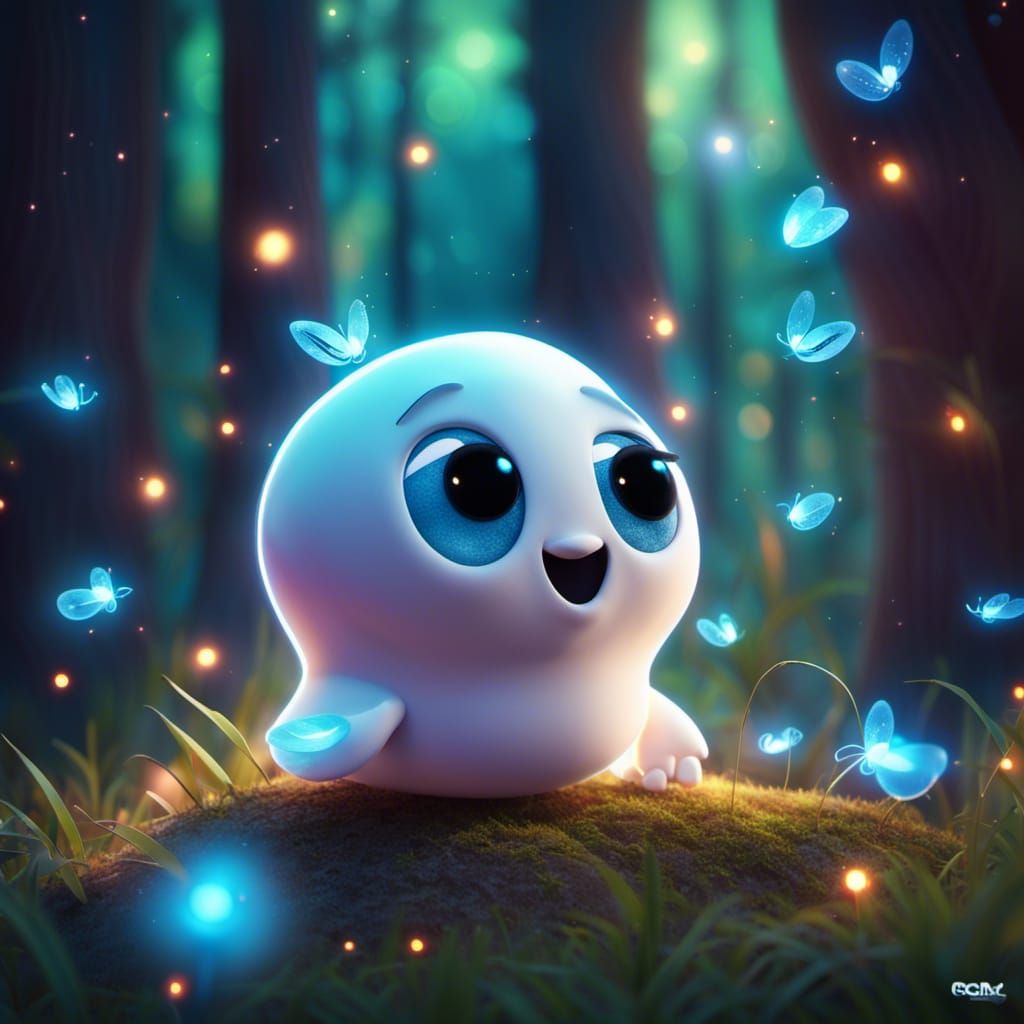 Happy Ghost in Blue Firefly Forest: Pixar Style