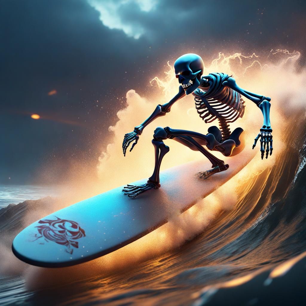 Skeleton Surfing on Lightning Bolt in Detailed Art