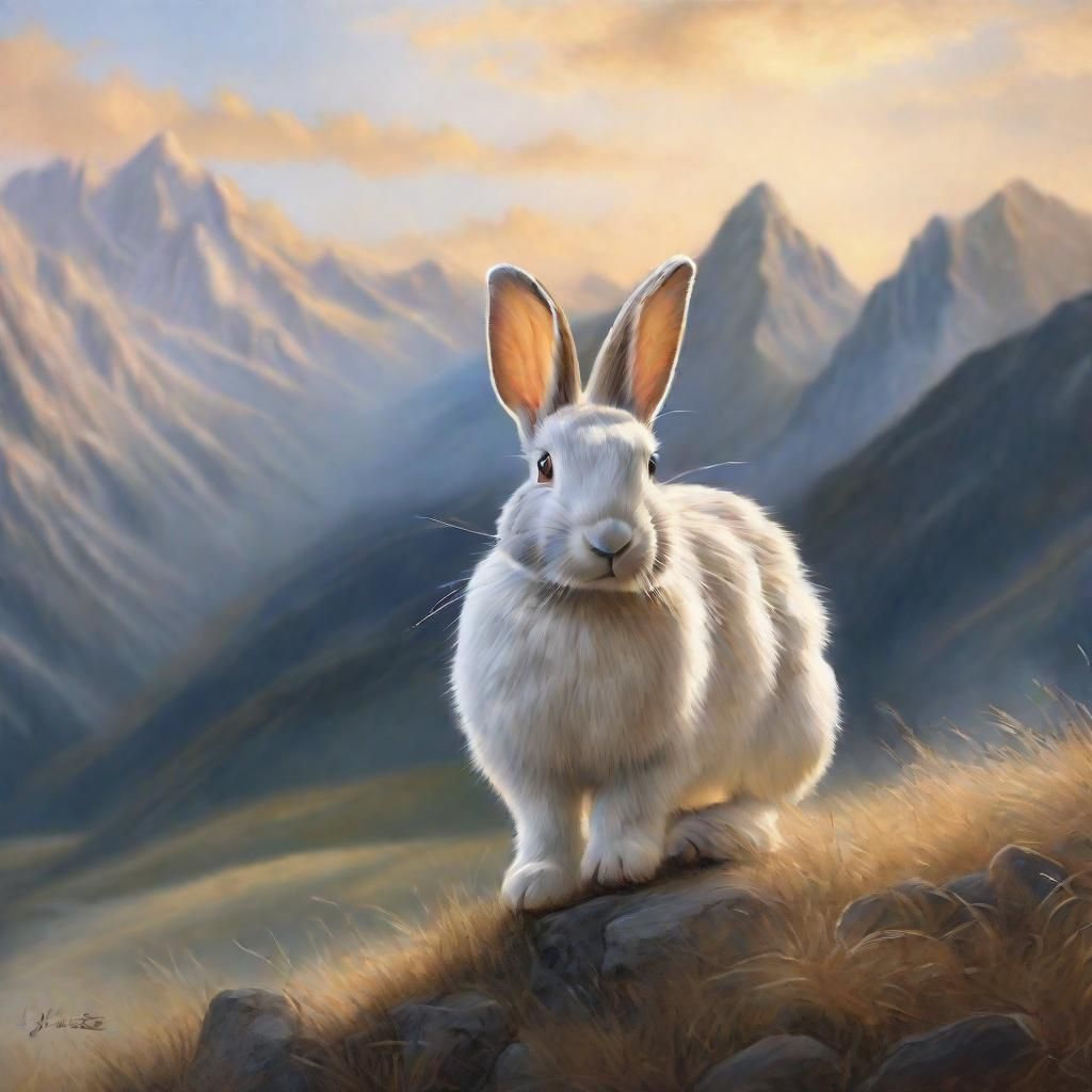 Rabbit Ascends Mountain: Hyperrealistic Pastel Oil Painting