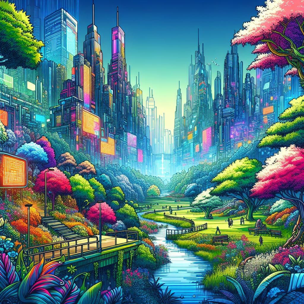 Cyberpunk City Park: A Tranquil Fusion of Nature and Tech