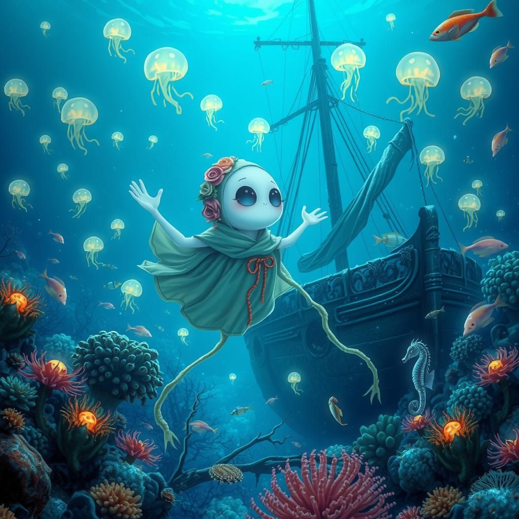 Underwater Ghoul in Bioluminescent Dreamscape