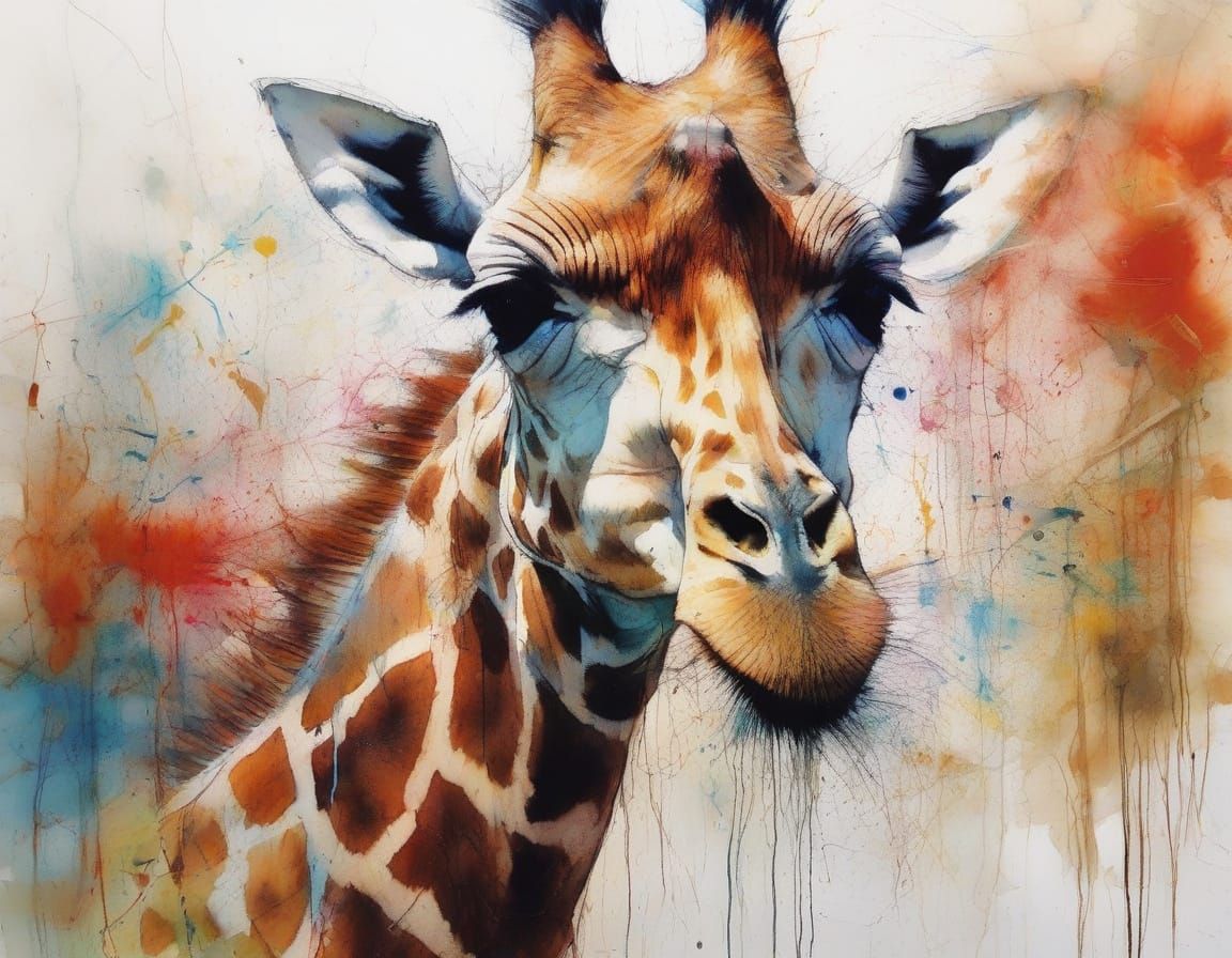 Surreal Giraffe Portrait in Earthy, Vibrant Ink Splashes