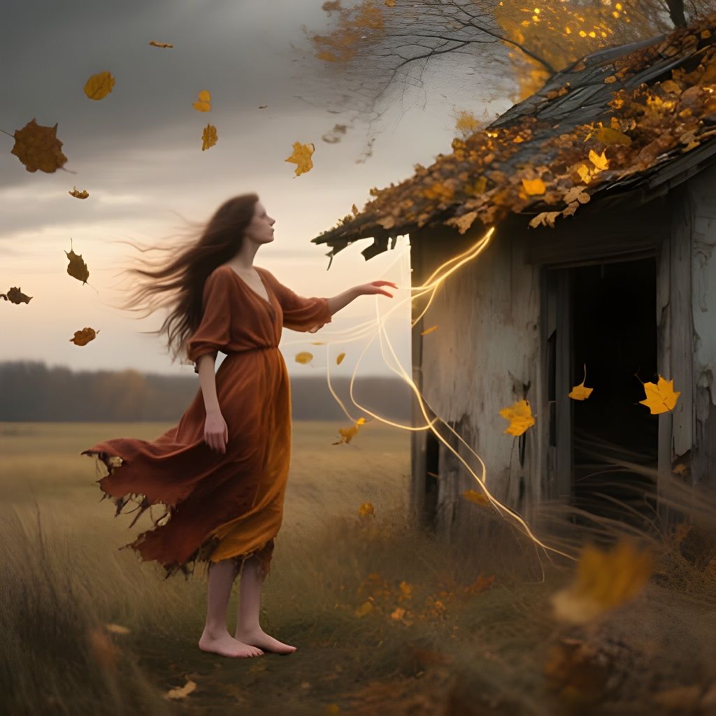 Woman in Wind-Swept Field of Unraveling Time