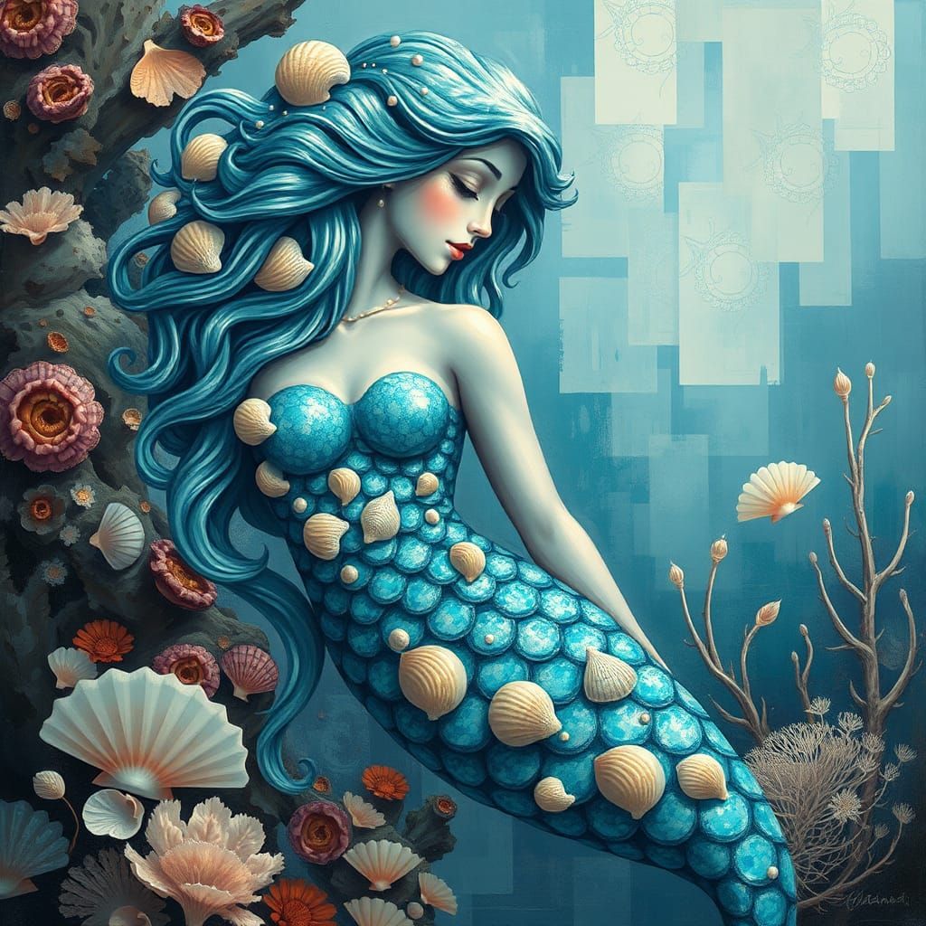Iridescent Mermaid in Abstract Underwater World