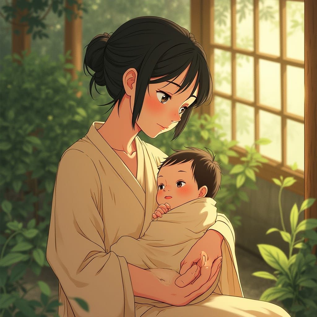 Mother's Gentle Embrace in Whimsical Ghibli Style