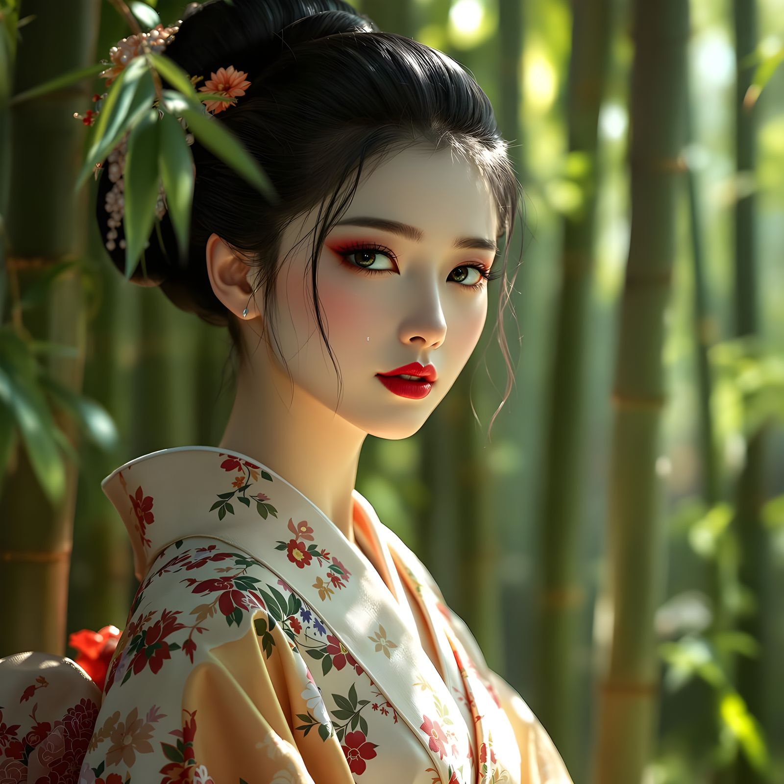 Elegant Geisha in Bamboo Forest - Photorealistic Portrait