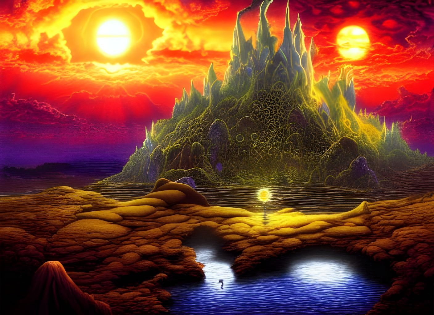Fantasy Landscape Under Foreboding Sun in Pixel Art