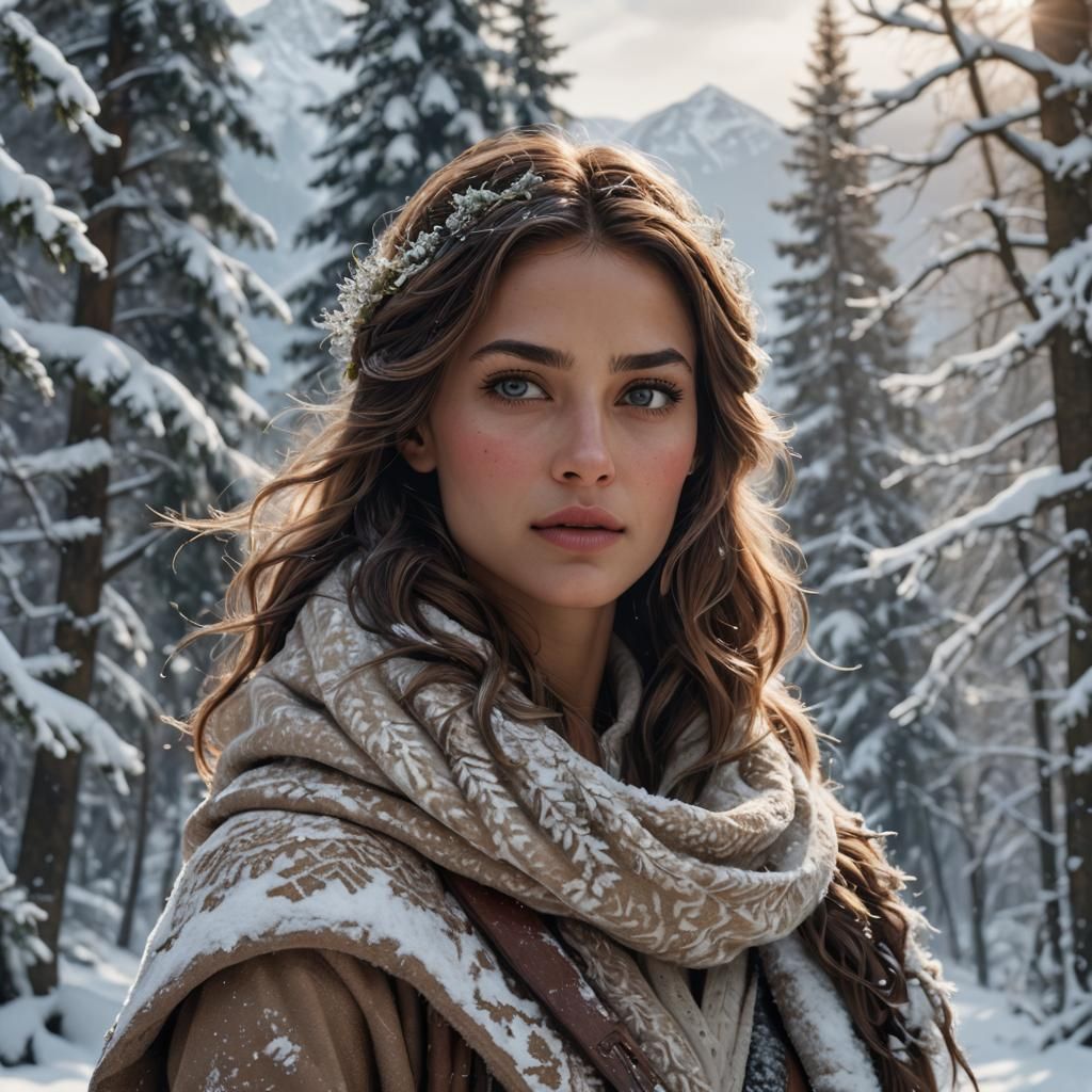 Tan Woman in Winter Wonderland: Photorealistic Masterpiece