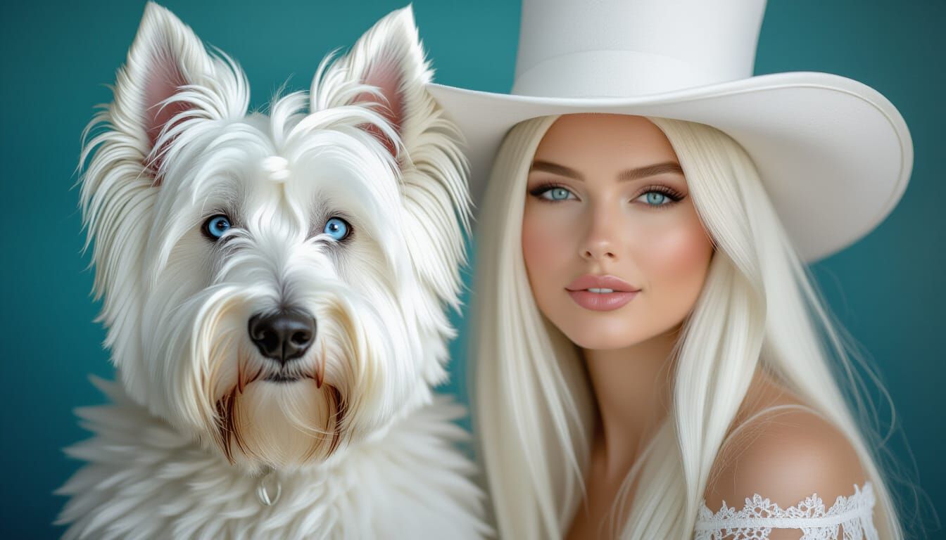 White Bouvier des Flandres with Woman in Studio Portrait