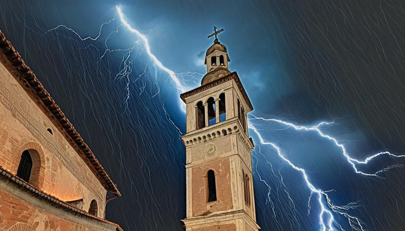 Lightning Strikes Bell Tower in Mannerism Style