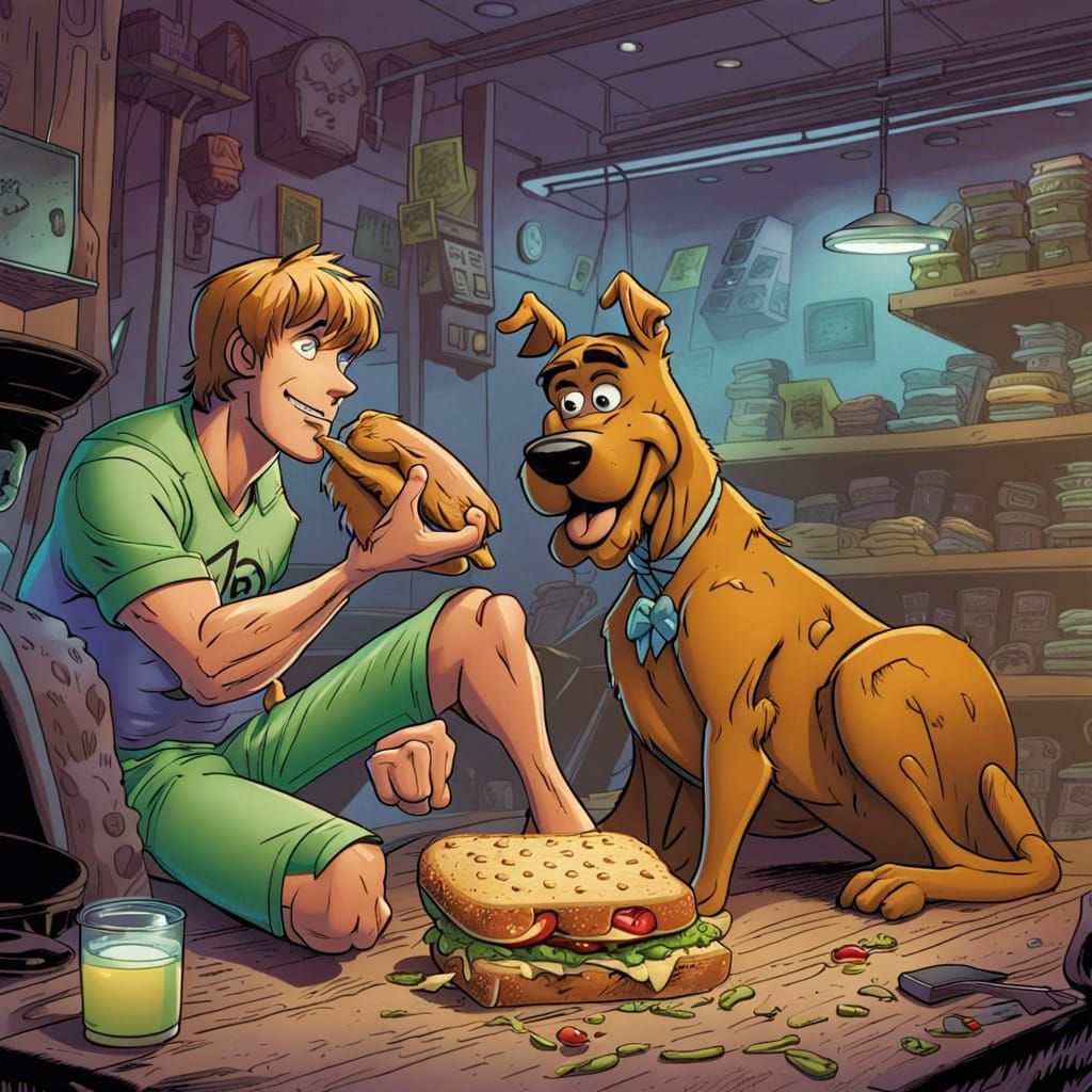 Scooby-doo and Shaggy eating a super-sized sandwich
