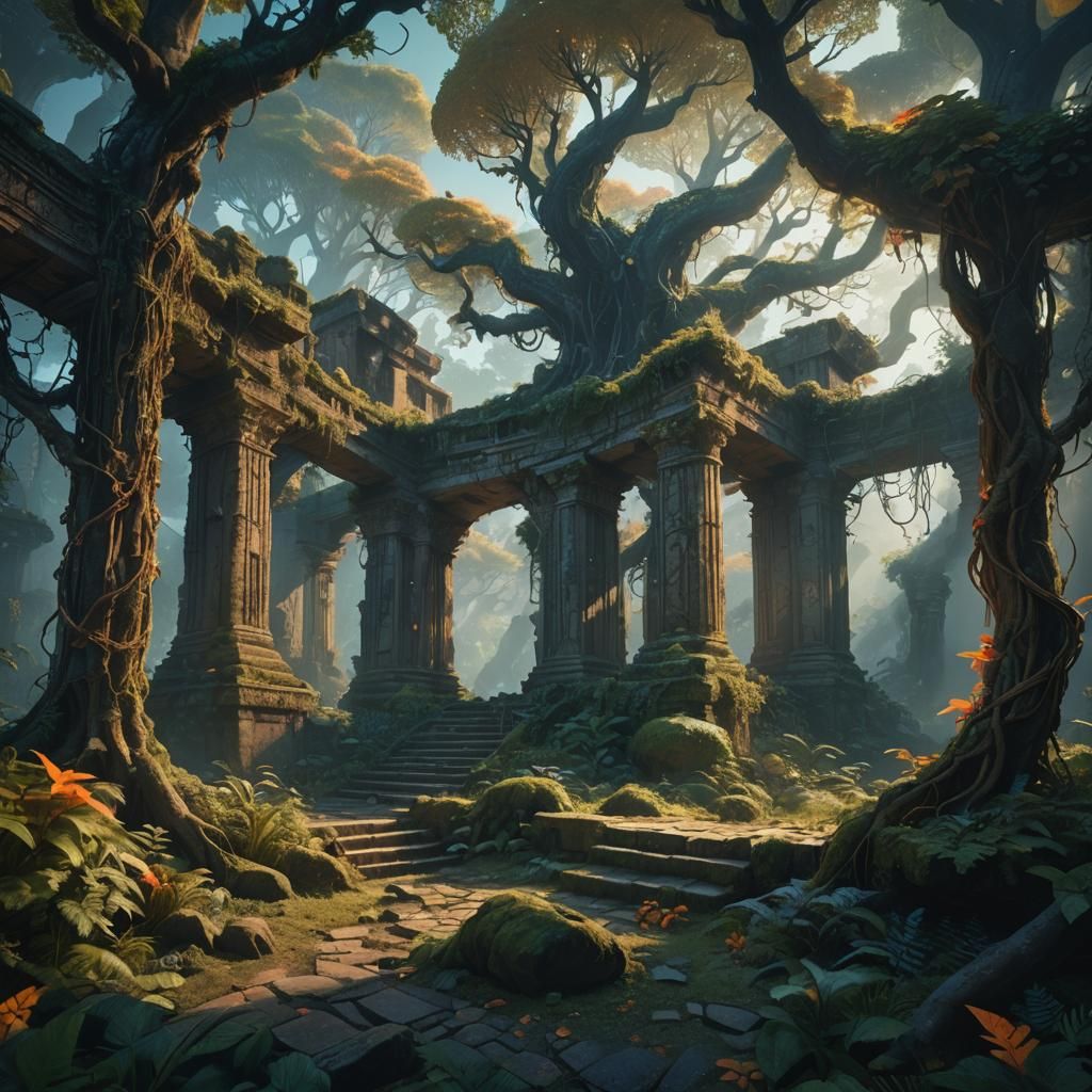 Mystical Forest with Glowing Plants and Ruins
