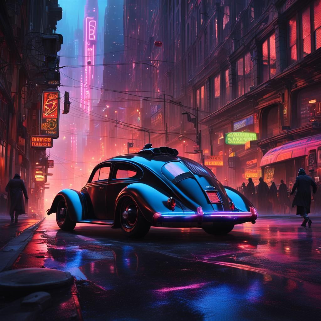 Batmobile VW Bug Speeding Through Neon Gotham