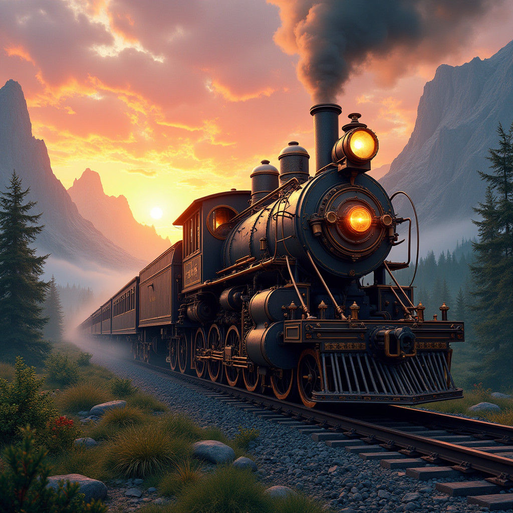 Steampunk Locomotive at Sunset in Matte Painting Style