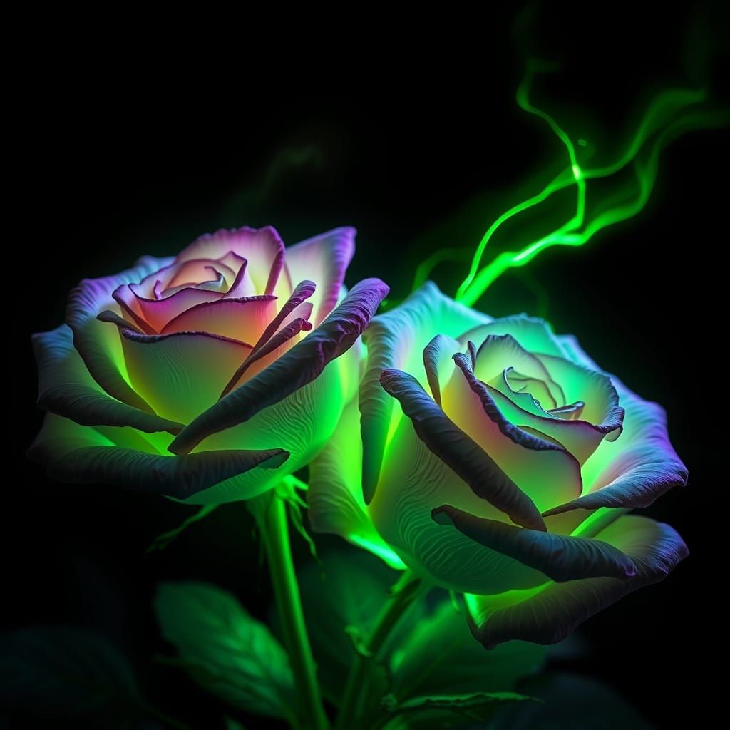 Glowing Neon Green Roses with Electric Light Streaks