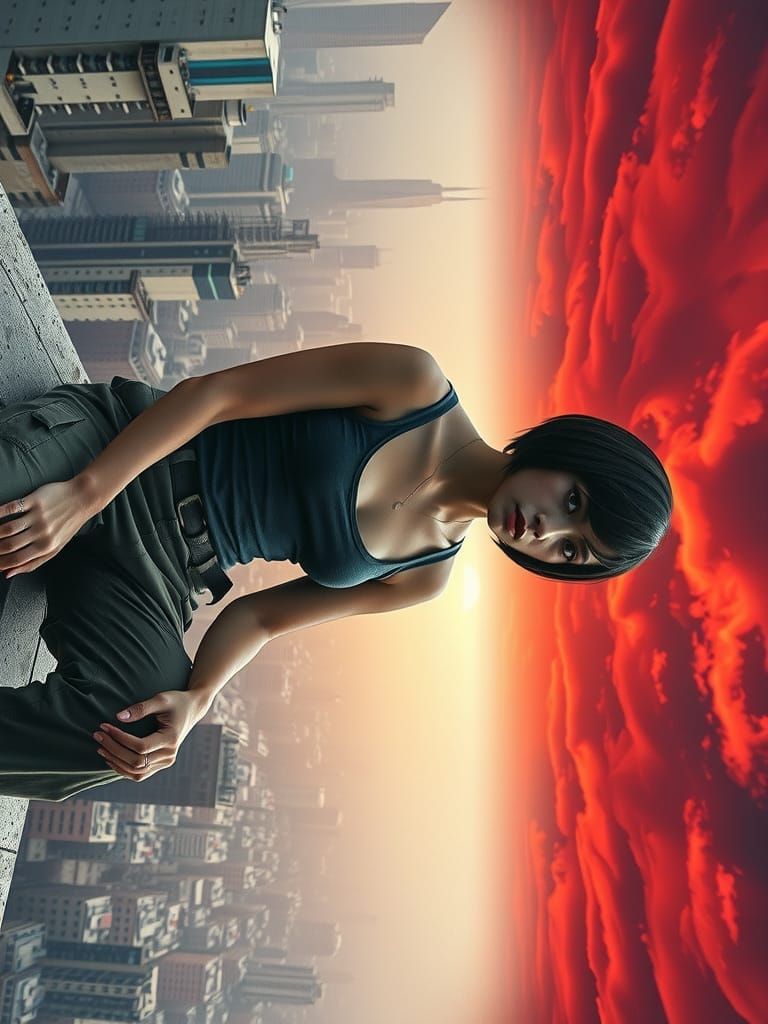 Cyberpunk Woman Contemplates Dystopian Cityscape