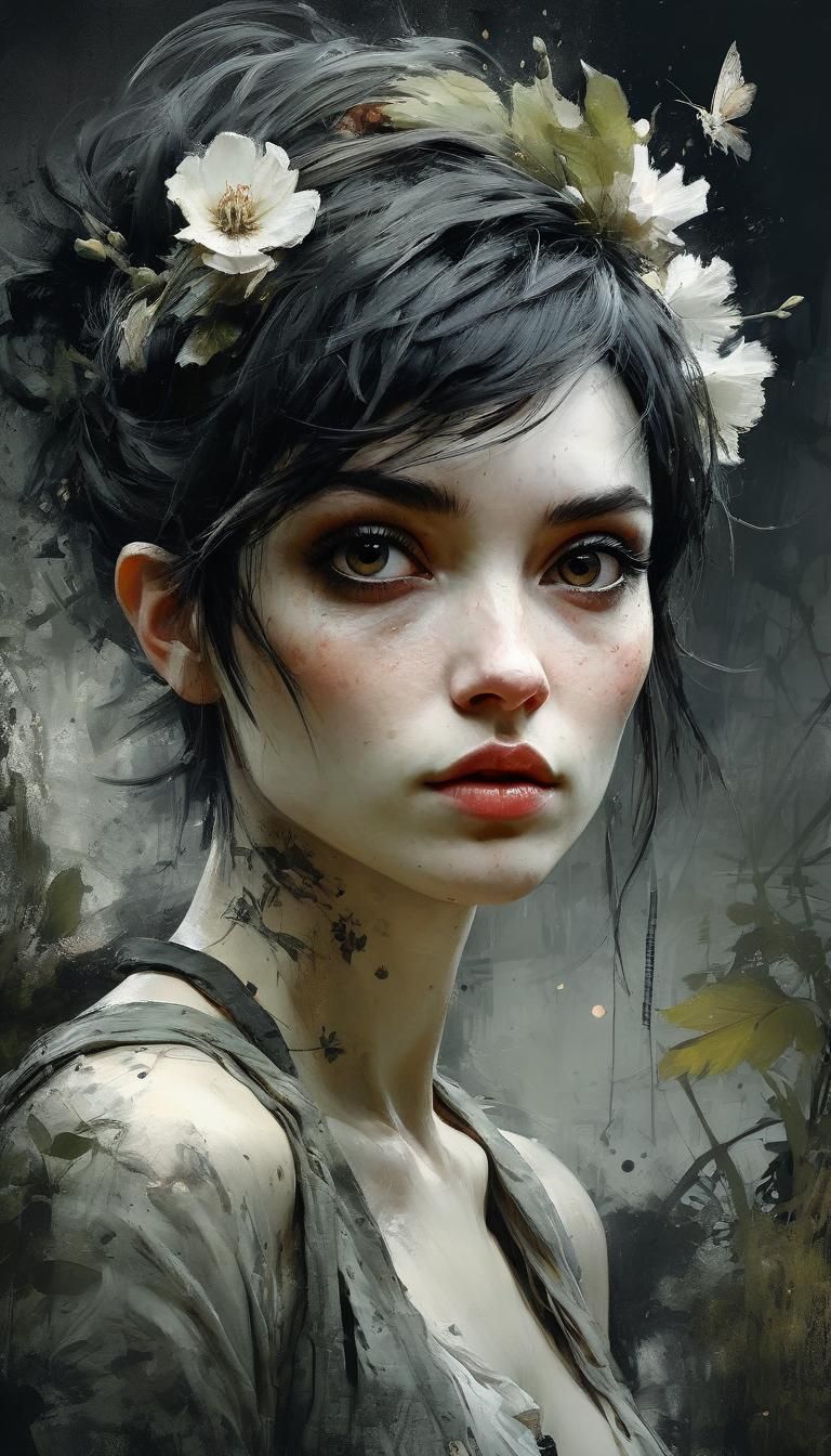 Pixie Portrait in Watercolor Style with Floral Accents