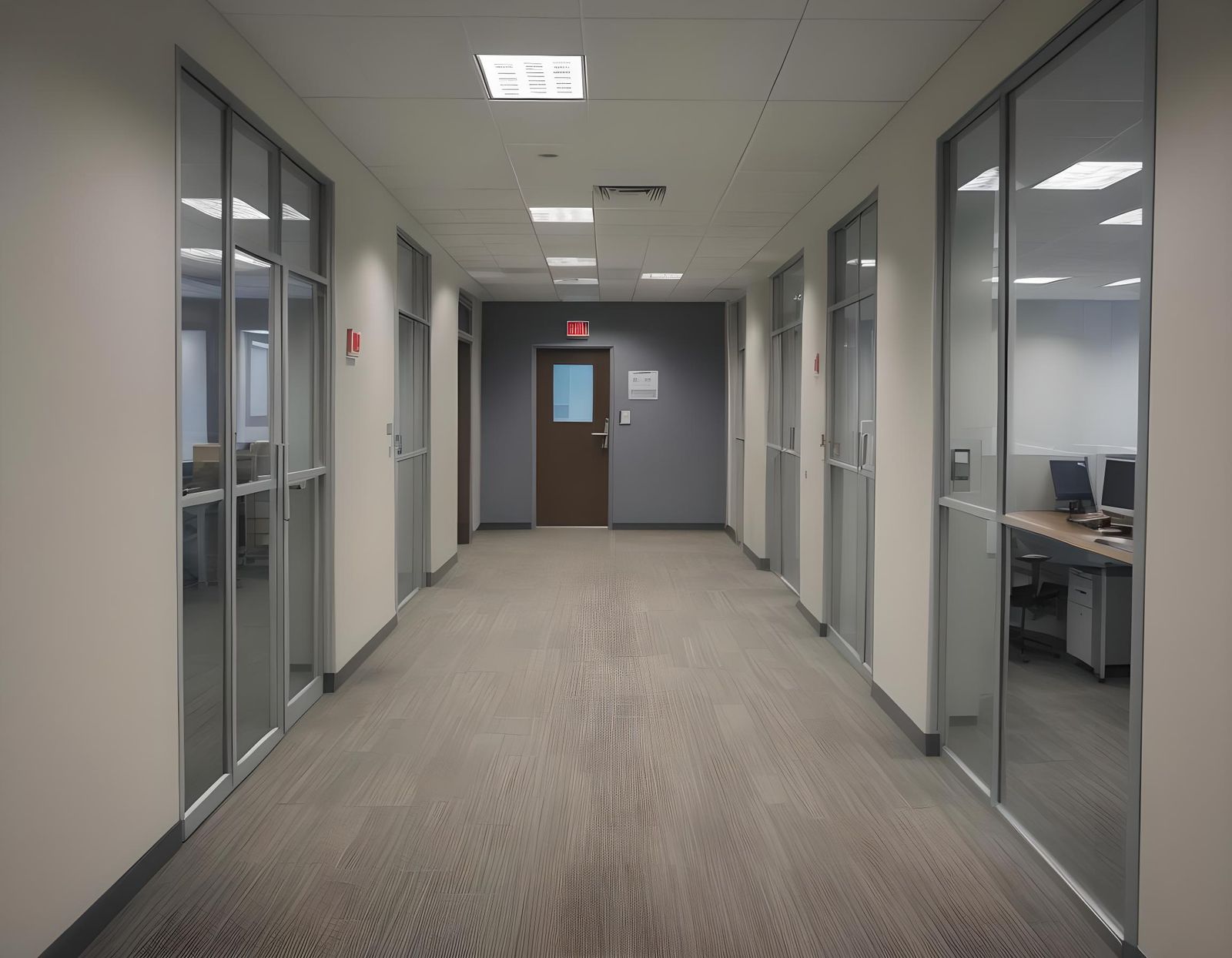 Modern Office Hallway with Glass Doors