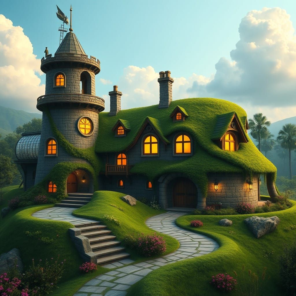 Vibrant Green Brick Lighthouse in Whimsical Shire Landscape