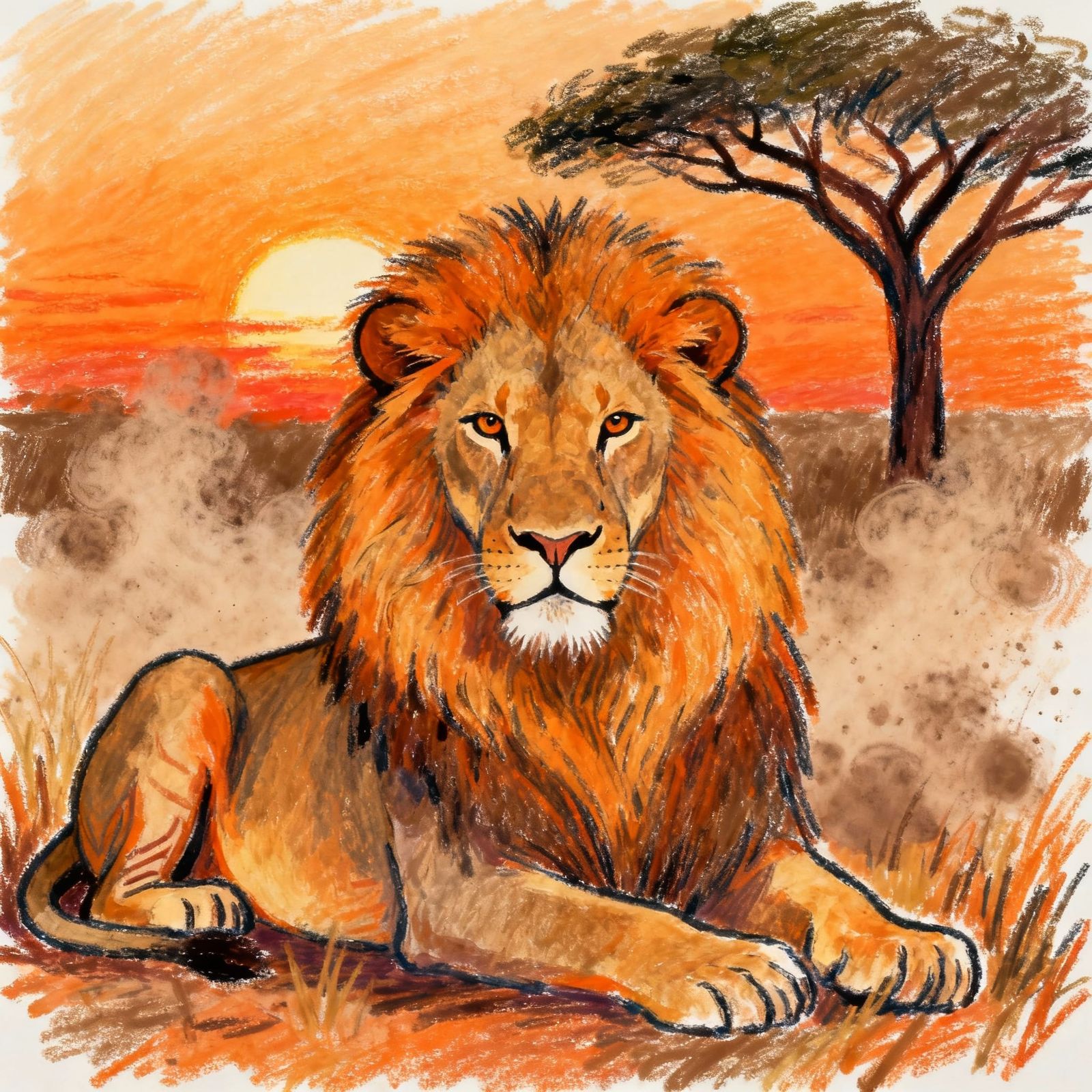 Majestic Lion Face in Sunset Savanna Crayon Drawing