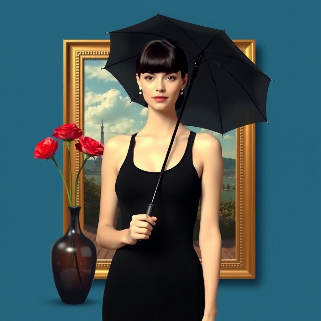 Surreal Magritte-Inspired Portrait of a Woman with Umbrella