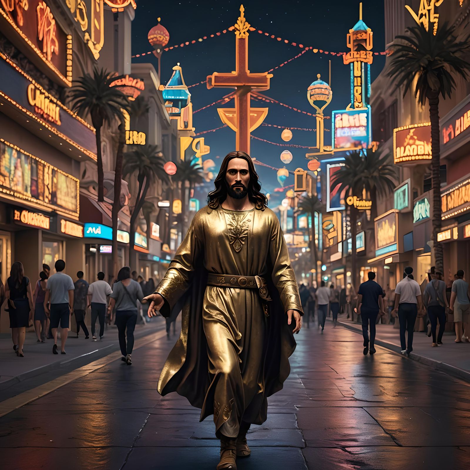 Christ Walking Shining City Street: Realistic Art