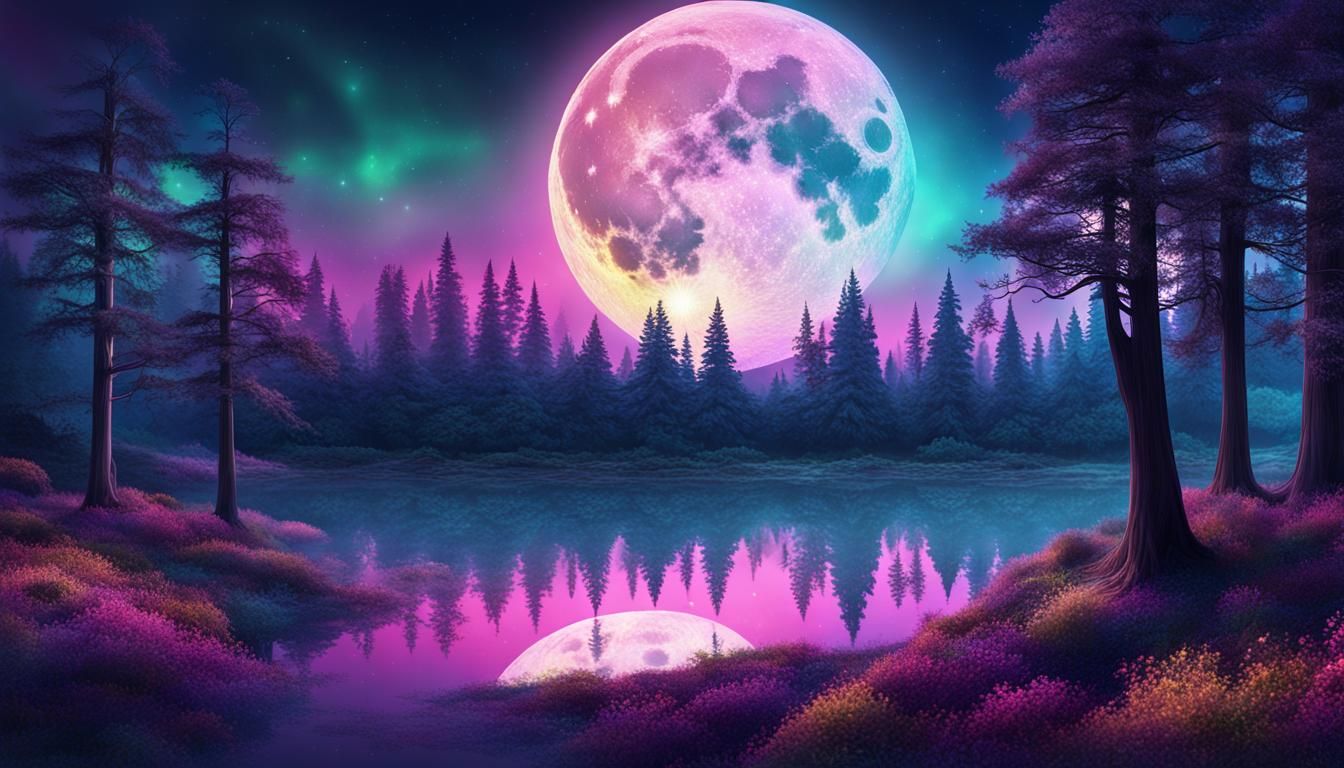 Iridescent Moon Over Abstract Forest