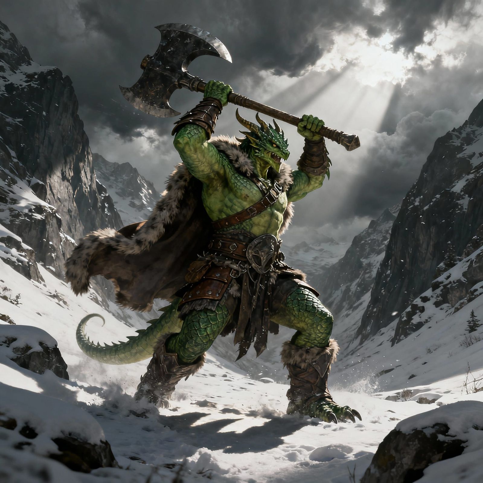 Dragonborn Barbarian Ready for Battle in Snowy Pass