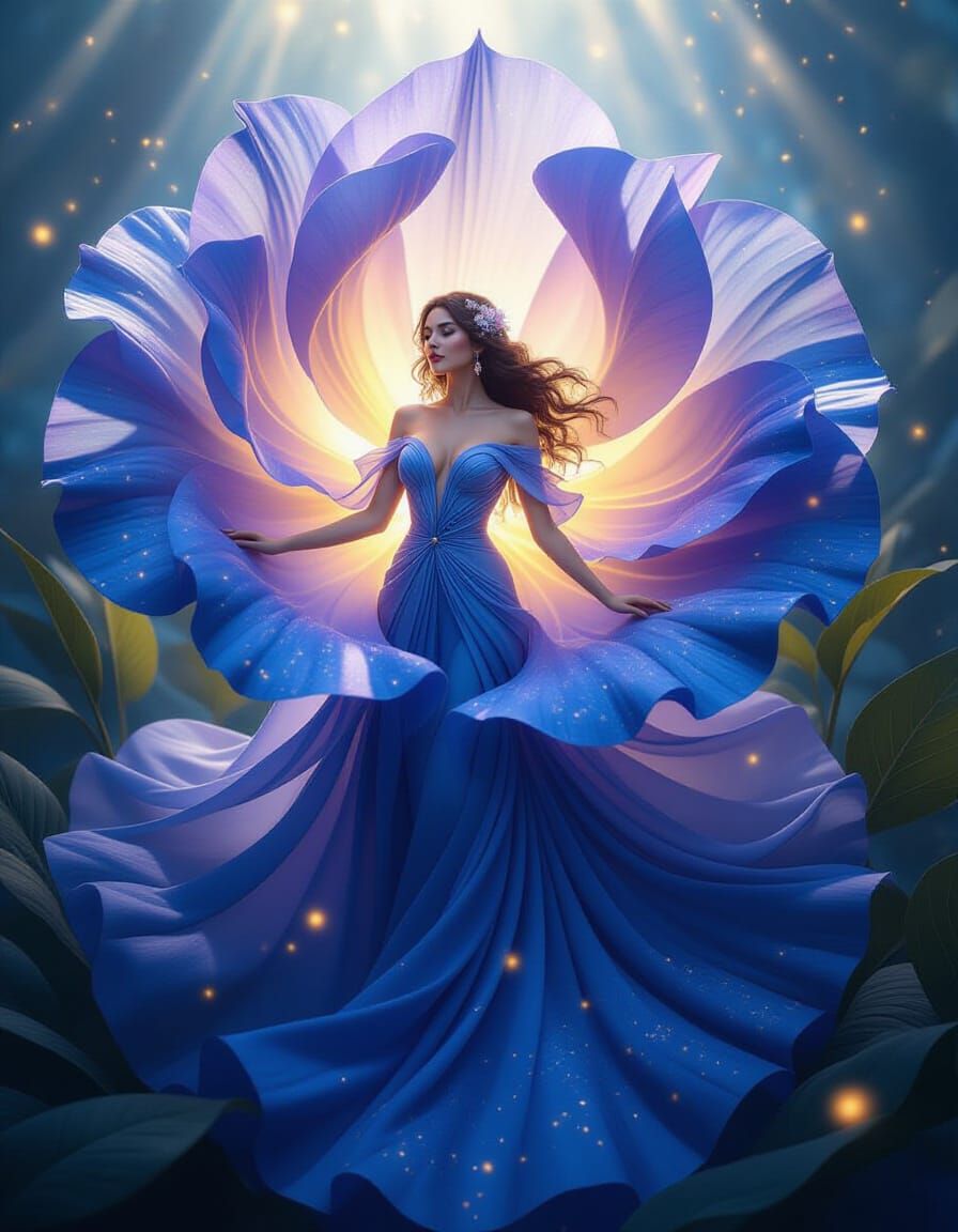 Ethereal Woman Emerging From Luminous Butterfly Pea Flower
