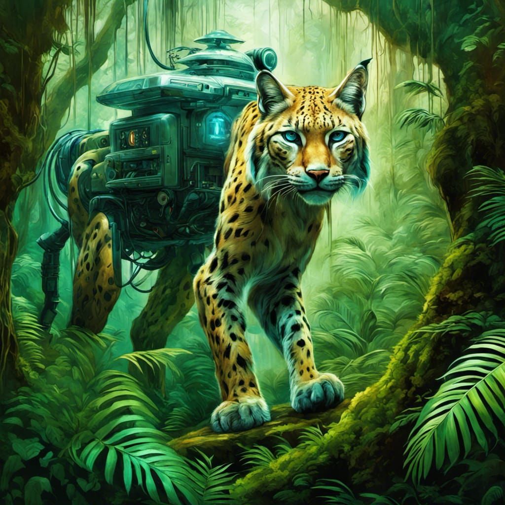 Robotic Lynx in Surreal Jungle Illustration