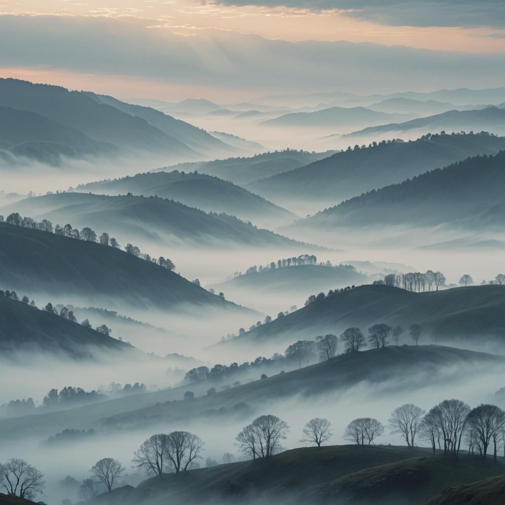 Blue Misty Hills Landscape in Dreamy Style