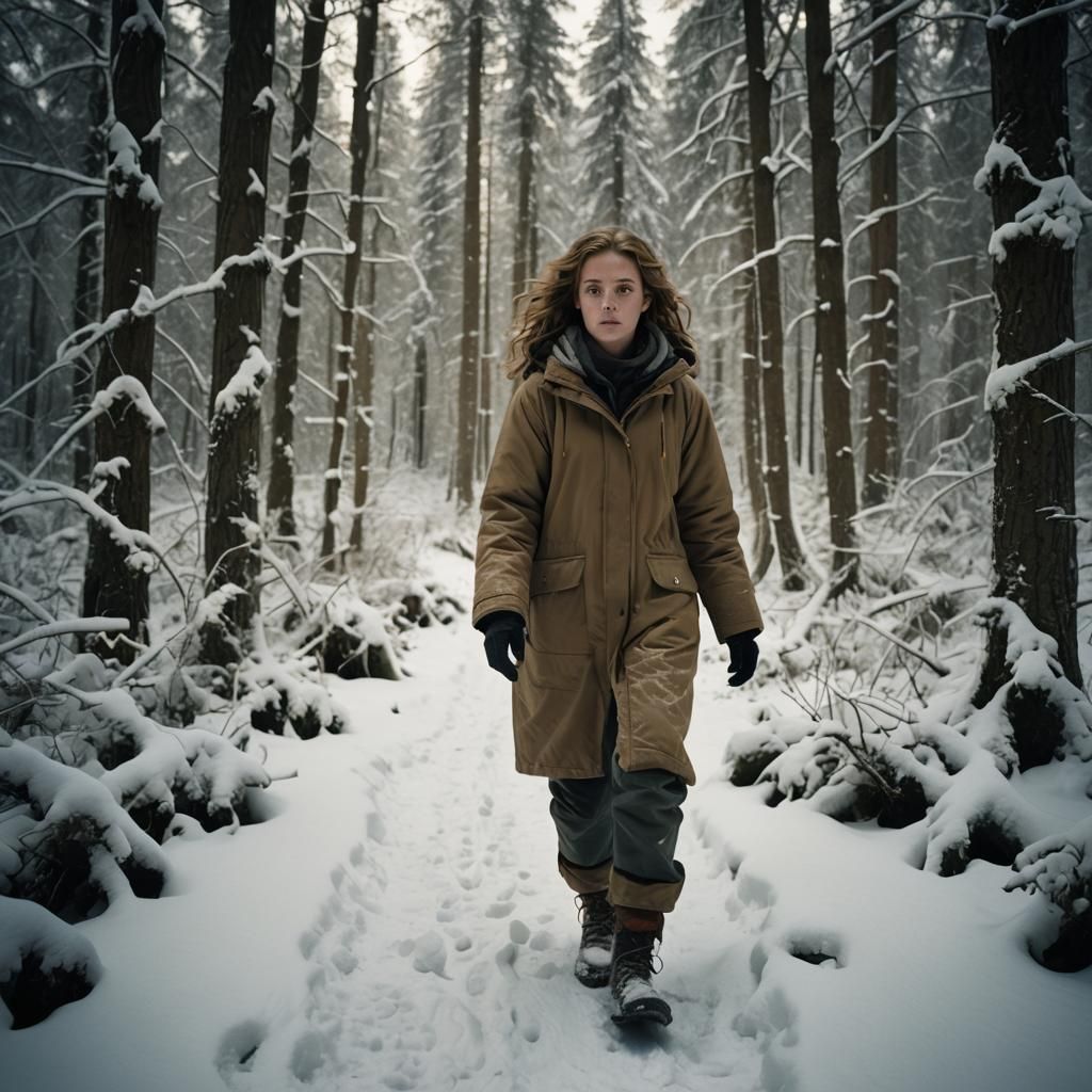 Hermione Granger in Snowy Forest, Cinematic Film Still