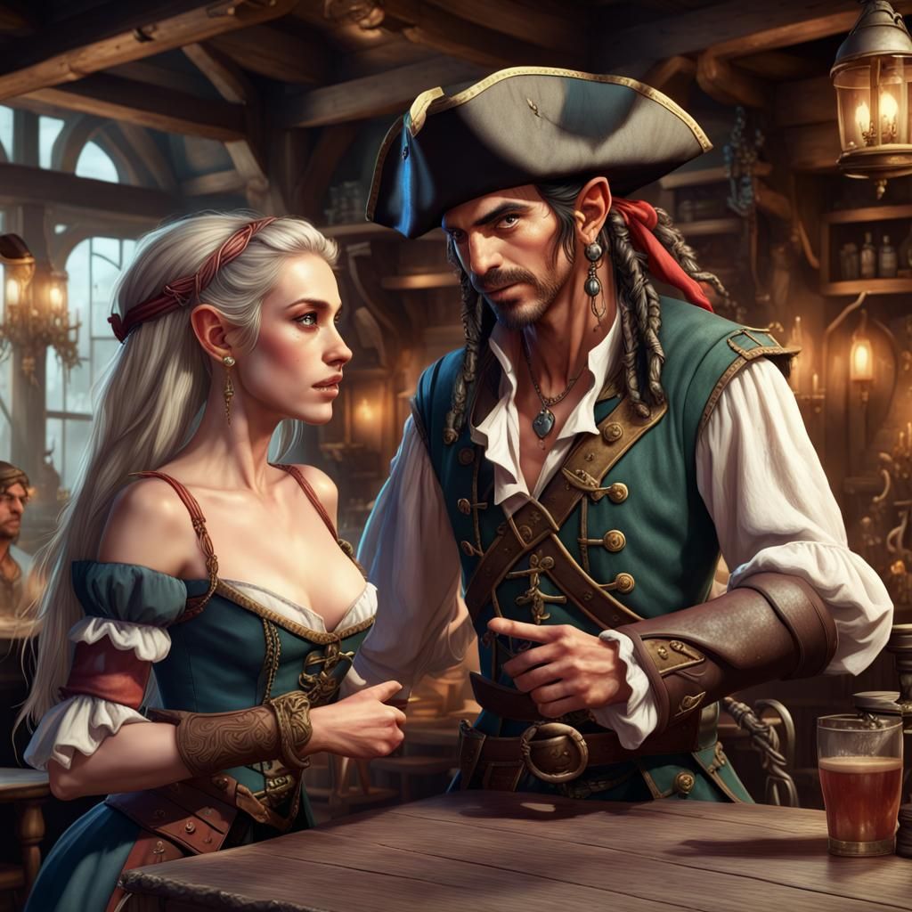 Pirate Charms Elf in Tavern: Detailed Matte Painting
