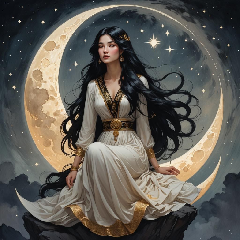 Woman with Black Hair on Glowing Moon