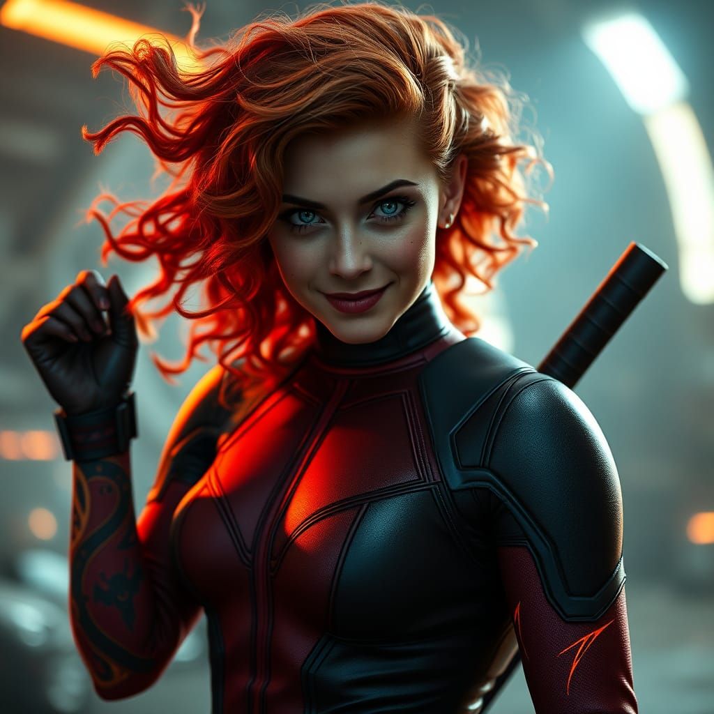 pic1.raw, hot female Deadpool , curly long red hair ,blue eyes, full lips ,freckles , full body scene , tattoos, space...