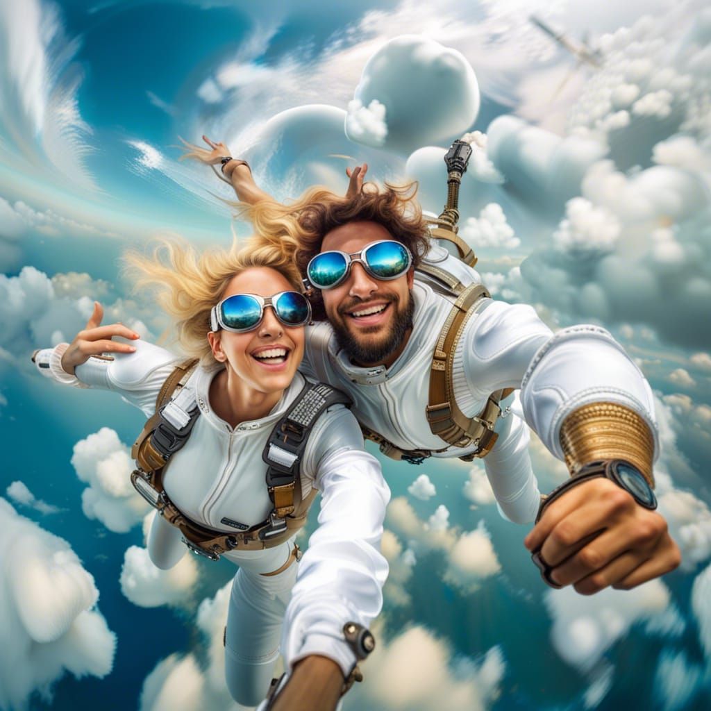 Steampunk Couple Skydiving Over Amazon in Baroque Style