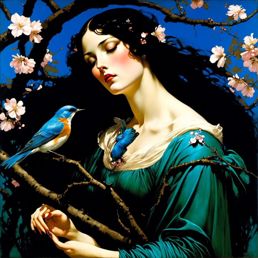 Sad Woman with Bluebird, Classical Portrait