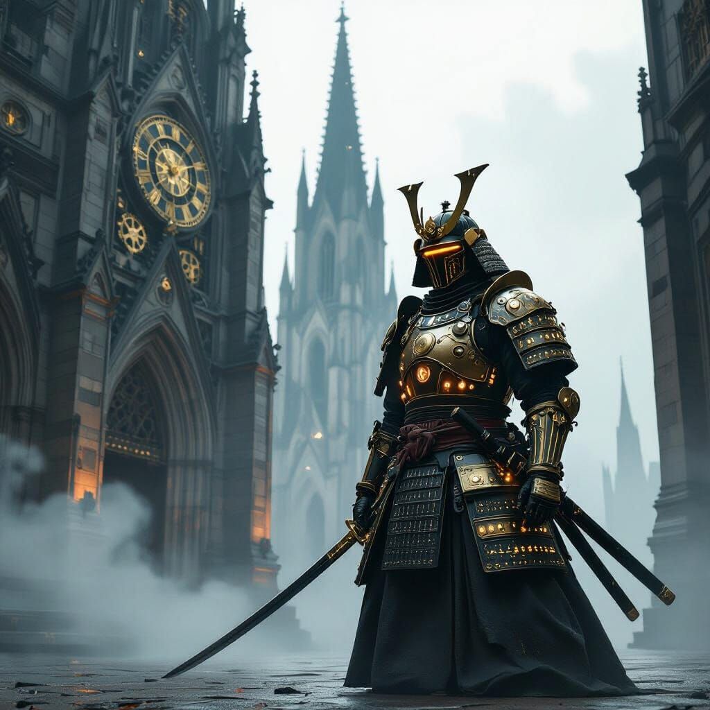 Samurai Warrior Before Gothic Cathedral Spire