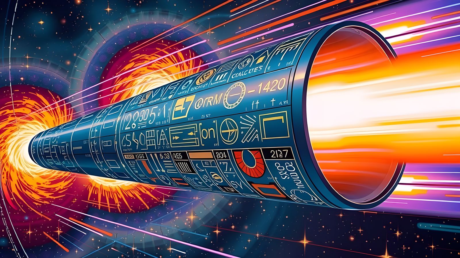 Gleaming Cylinder Races Through Colorful Surrealist Cosmos