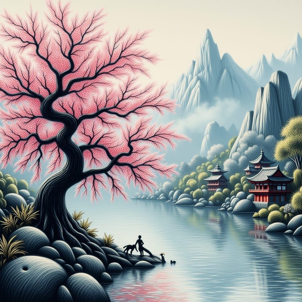 Ancient Sakura Tree by Lake with Japanese Temples