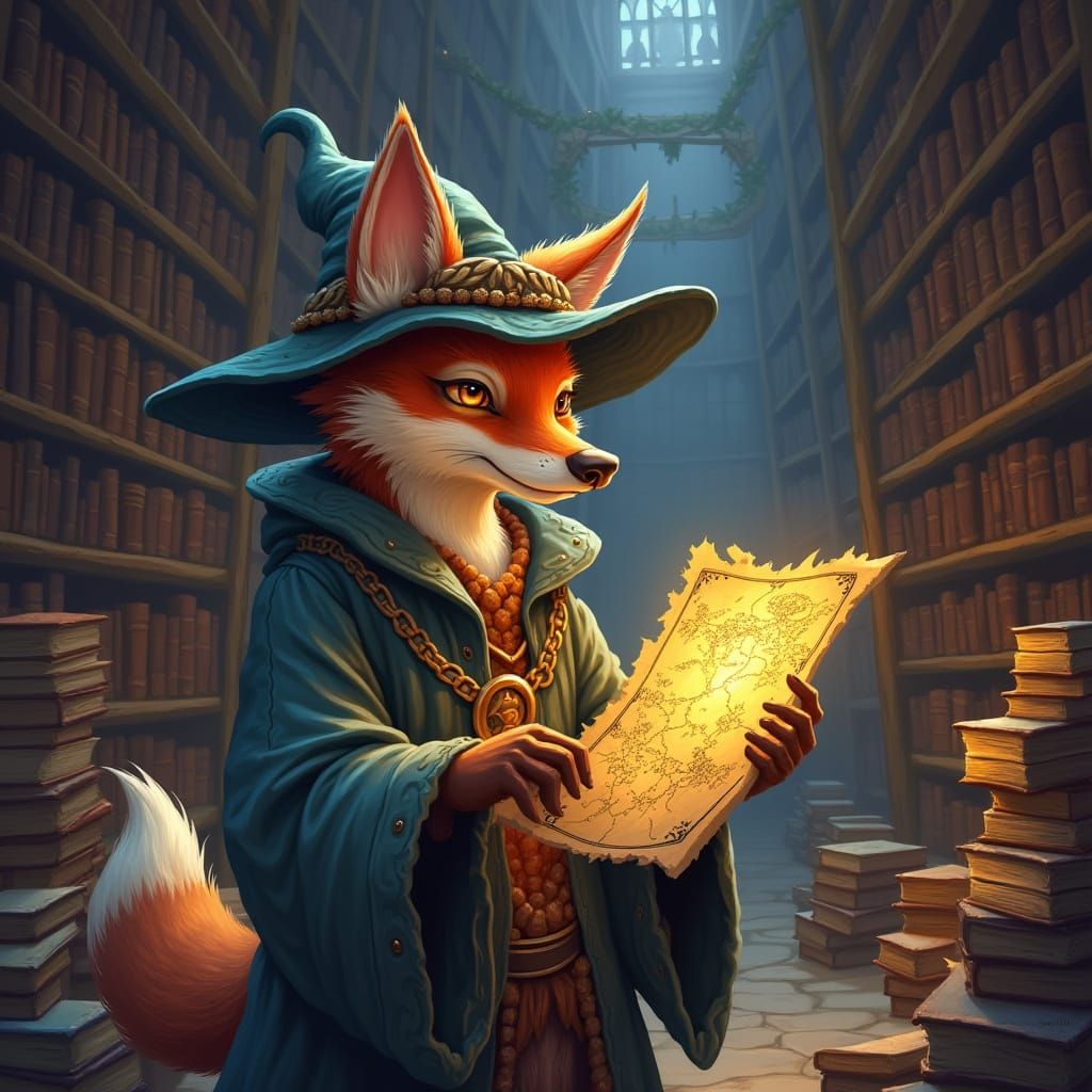 Anthropomorphic Fox Wizard Reads Ancient Map in Hidden Libra...