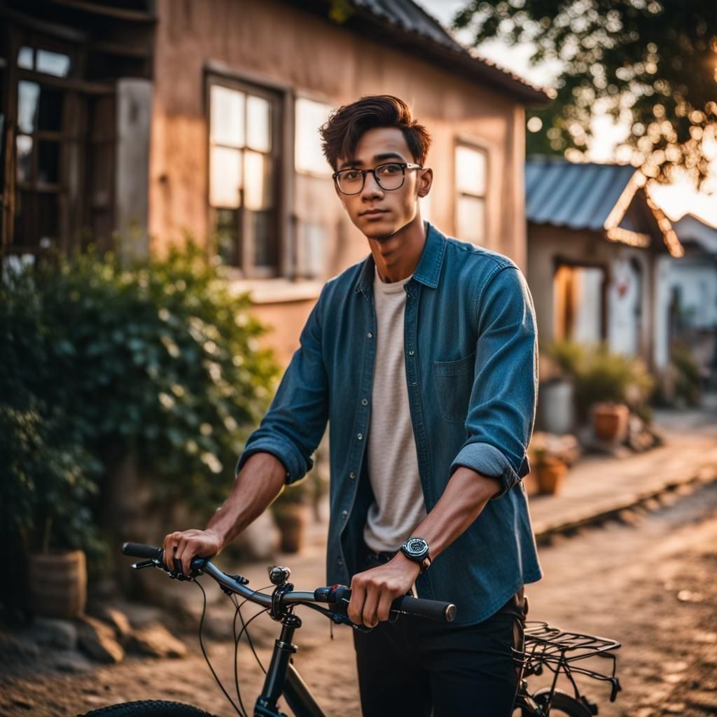 Village Scene: Young Man with Bike in Early Evening