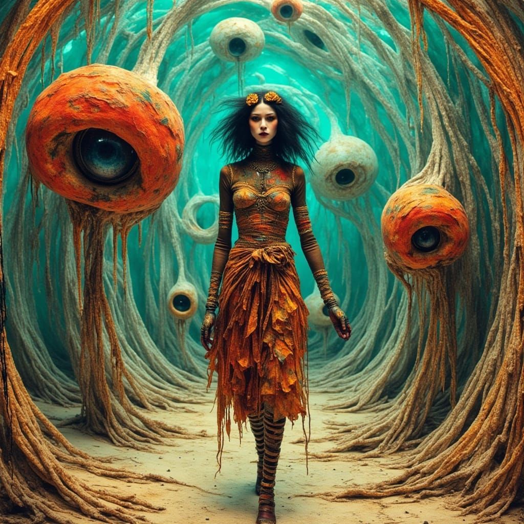 Alien Woman Navigates Surreal Escher Landscape