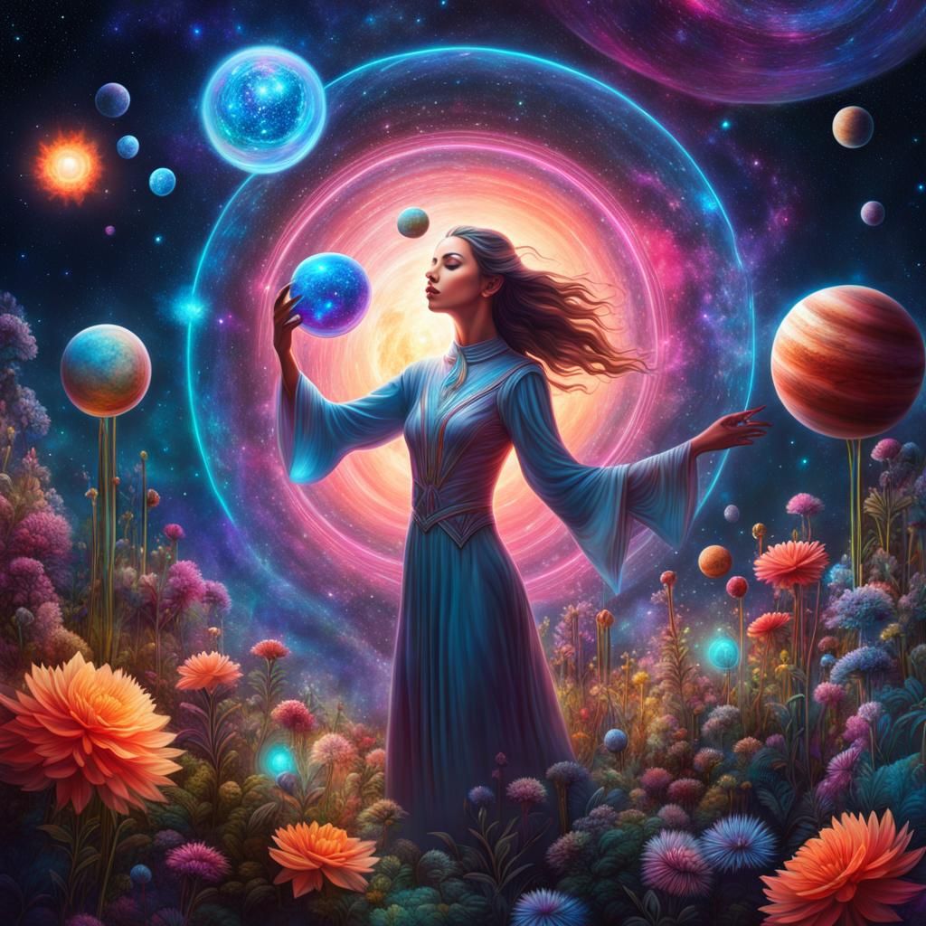 Girl Juggling Planets in Space Garden: Cosmic Illustration