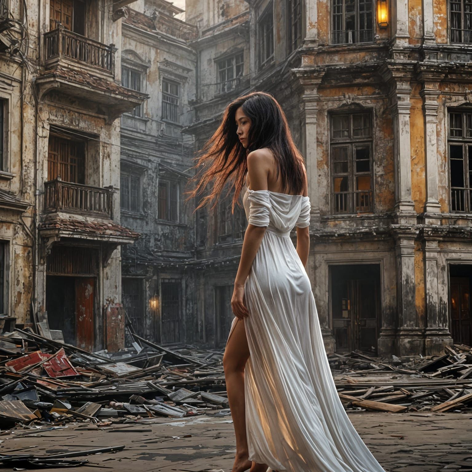 Beautiful Thai Lady in Alcohol Ink Cityscape